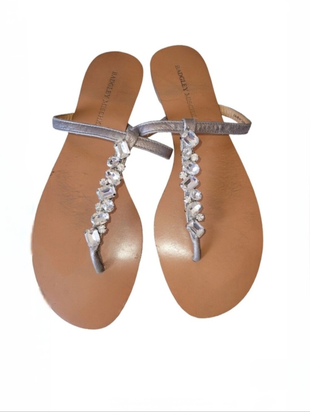 Badgley Mischka Silver Jeweled Thong Flat Sandals | Size 9.5